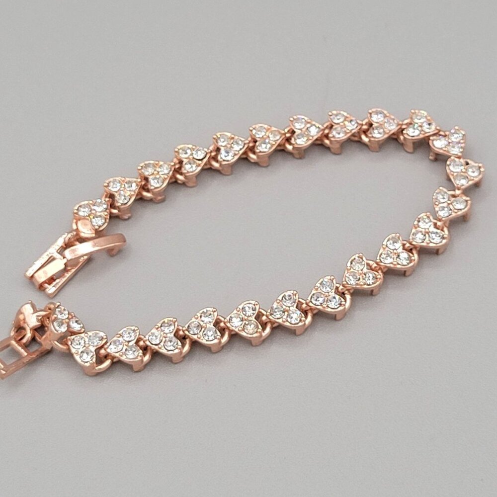 Womens Rhinestone Hearts Link Bracelet Love Romance Rose Gold Metal Fold Over